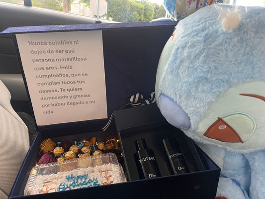 Caja sorpresa para caballero con loción Dior &chocolate ferro pastel tres leches con stitch