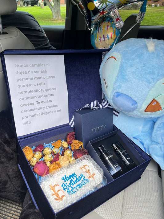 Caja sorpresa para caballero con loción Dior &chocolate ferro pastel tres leches con stitch