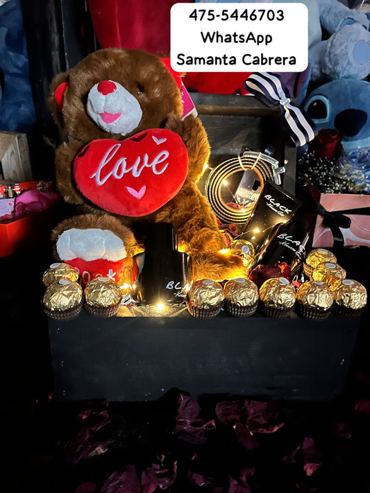 Detalle para caballero caja  con oso chocolate ferro y loción para caballero
